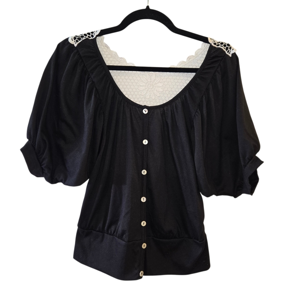 Rumor Black Puff Sleeve Button Front Top - Crochet Lace Back - Size S